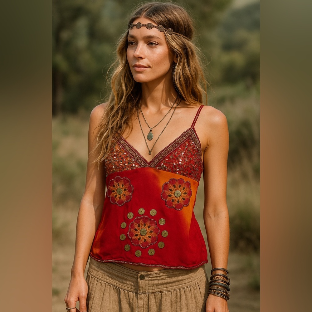 Aftershock London Silk Beaded Embroidered Cami Top M Y2K Boho Festival Style